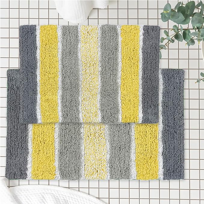 Chardin home Cordural Stripes Bath Mat, Set of 2 Bath Rugs (17 Inches x24 Inches & 21 Inches x34 Inches) | Non Slip Bathroom Rug, Machine Washable, Plush, Highly Absorbent | Bluish Gray- Beige