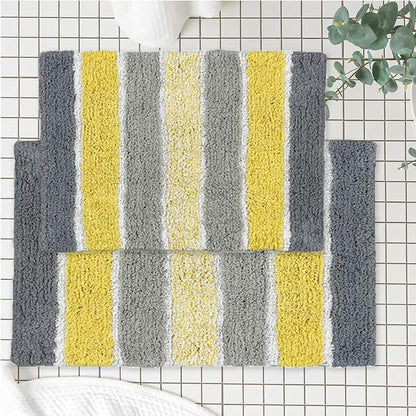 Chardin home Cordural Stripes Bath Mat, Set of 2 Bath Rugs (17 Inches x24 Inches & 21 Inches x34 Inches) | Non Slip Bathroom Rug, Machine Washable, Plush, Highly Absorbent | Bluish Gray- Beige