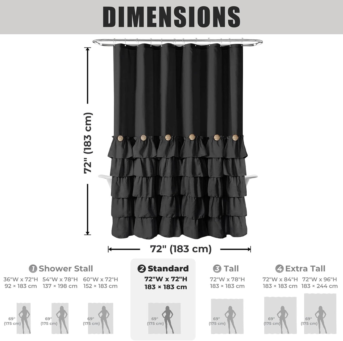 Seasonwood Black Ruffle Shower Curtain Farmhouse Shower Curtain 72 X 72