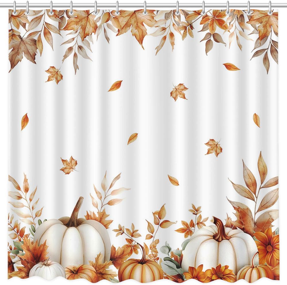 MEHOFOND Fall Pumpkins Maple Leaf Shower Curtain, Autumn Leaves Harvest Thanksgiving Farmhouse Watercolor Seasonal Bathroom Curtain Sets, Waterproof Fabric Bathroom Decor 72 X 72 Inch