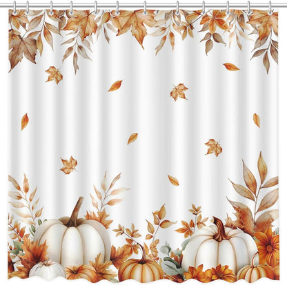 MEHOFOND Fall Pumpkins Maple Leaf Shower Curtain, Autumn Leaves Harvest Thanksgiving Farmhouse Watercolor Seasonal Bathroom Curtain Sets, Waterproof Fabric Bathroom Decor 72 X 72 Inch