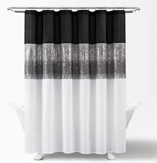 Lush Decor Night Sky Shower Curtain, Single, 72" W x 72" L, Black & White - Sequin Shower Curtain - Sparkly Color Block Bath Curtain - Modern Glam Bathroom Decor