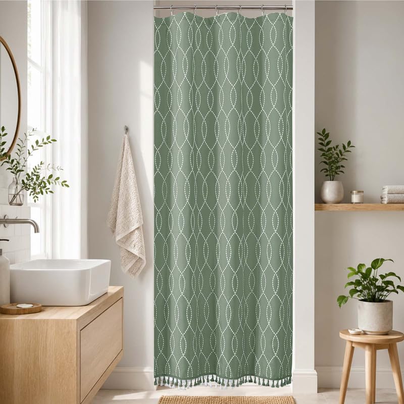 OVZME Sage Green Shower Curtain for Bathroom, Puff Printed Textured Shower Curtain with Tassels, Rustic Geometry Heavy Duty Vintage Country Bathroom Curtain, Water Resistant Fabric, 72Wx72L Inches