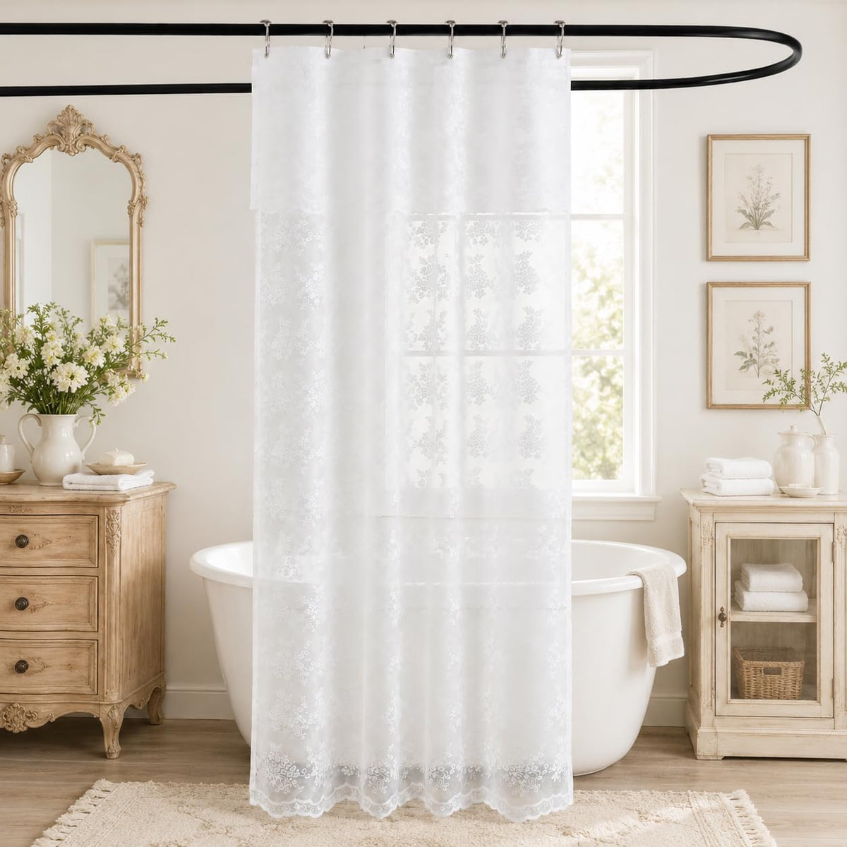 TUDECO Black Lace Shower Curtain with Valance, Gothic Style, 72 x 72 Inch