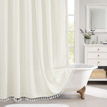 Boho Farmhouse Tassel Linen Shower Curtain,3D Embroidery Stripe Black,72x72