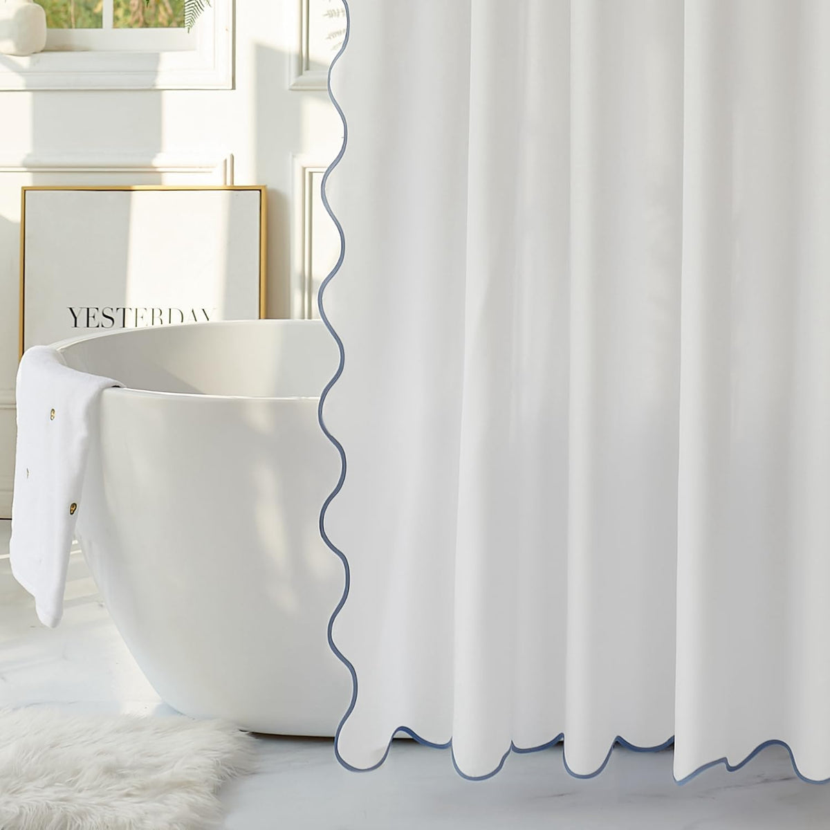 White Fabric with Water Blue Scalloped Border Shower Curtain,Boho Chic Cloth Shower Curtain for Bathroom Showers,72 x 72 Inches