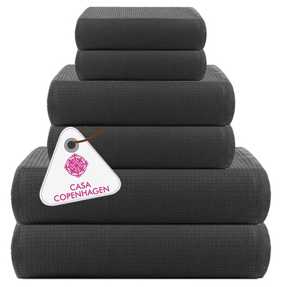 CASA COPENHAGEN Solitaire 6 Pieces Towel Set- Midnight Black, 600 GSM 2 Bath Towel 2 Hand Towel 2 Washcloth, Designed in Denmark Made of Soft Egyptian Cotton for Bathroom, Kitchen & Shower