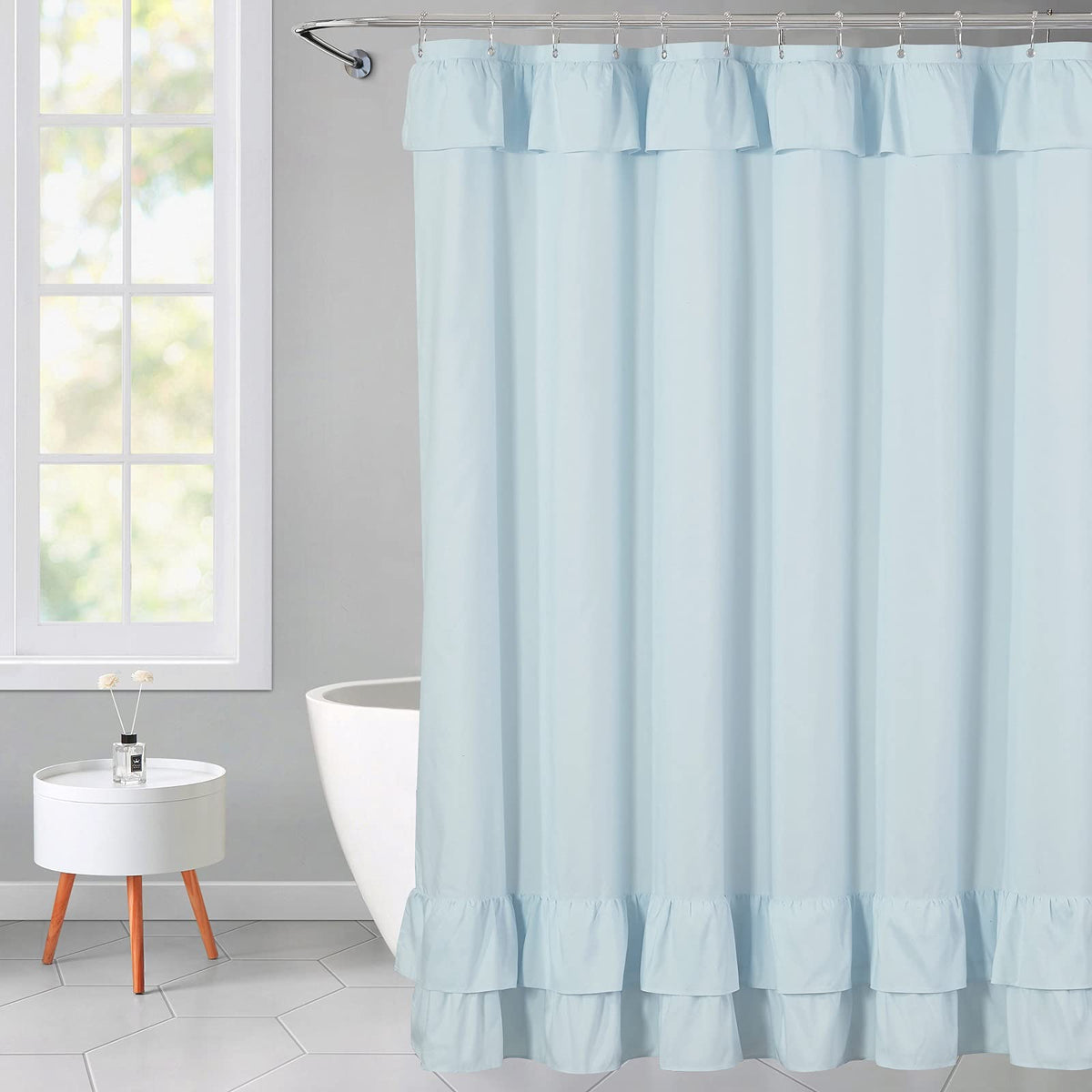 Light Blue Ruffle Shower Curtain Farmhouse Fabric Cloth Shower Curtains for Bathroom 72x72 Inches,Standard Size