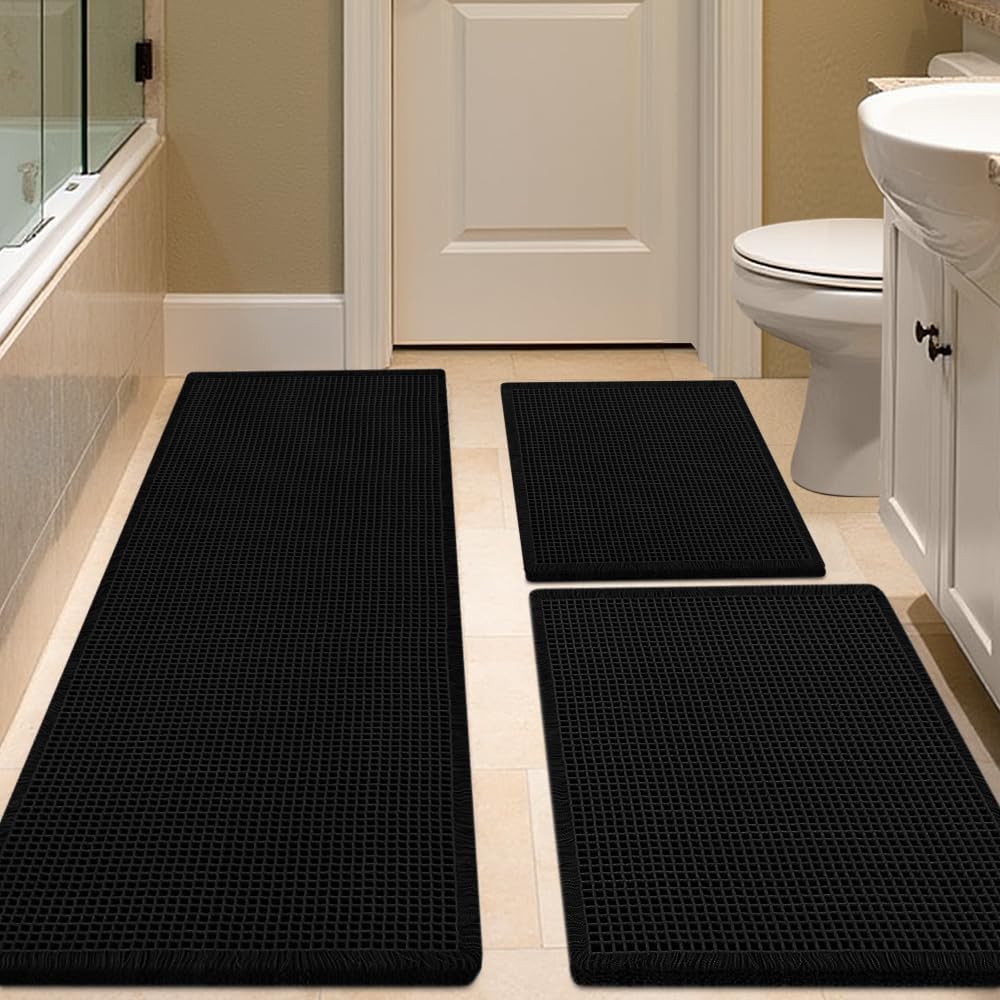 IM HOME Waffle Bath Mat Beige 32"x20", Boho Woven Modern Bath Mat Rugs, Absorbent Non Slip Bathroom Rugs, Soft Washable Bath Rugs with Tassels for Bathroom, Bedroom, Kitchen, Shower, Tub