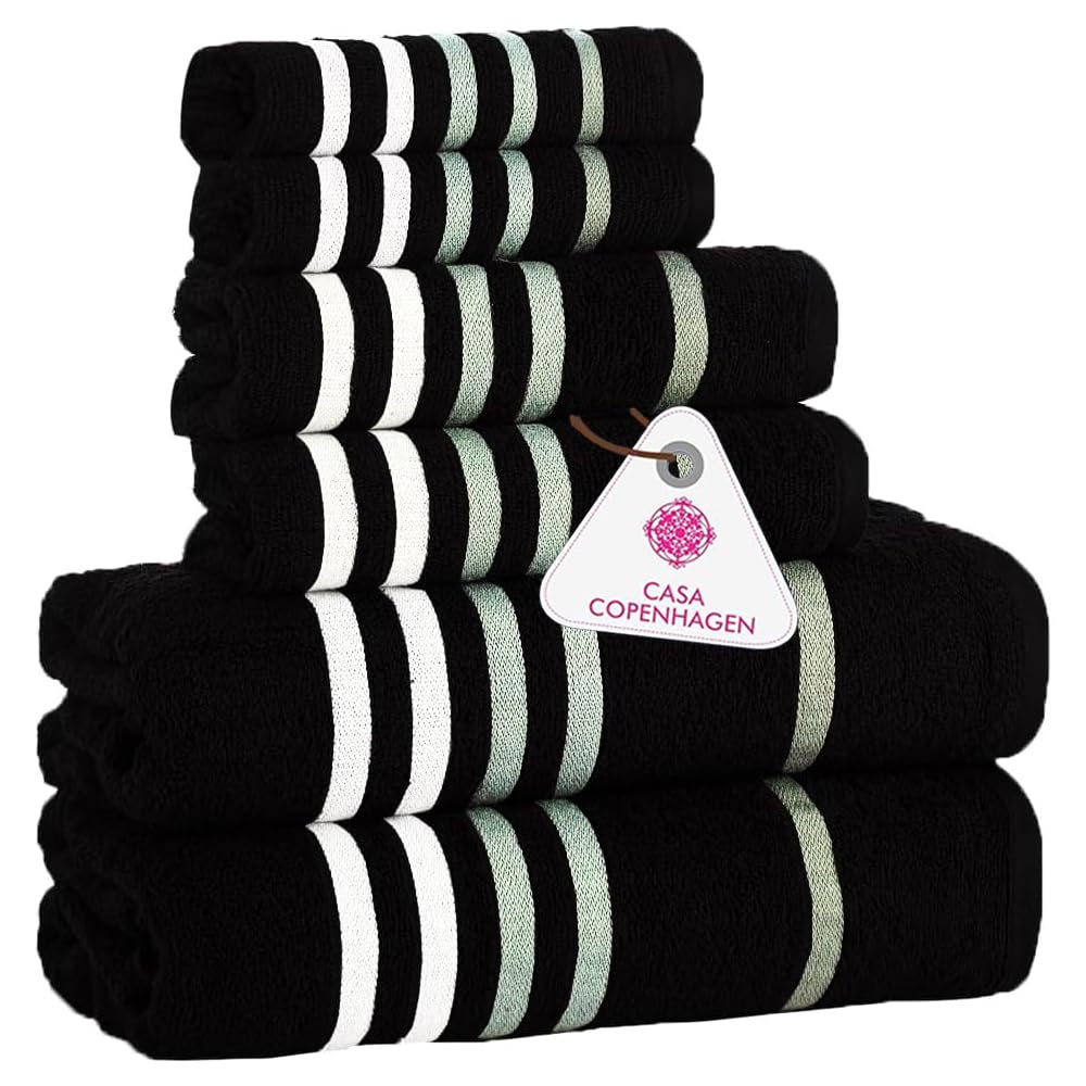 CASA COPENHAGEN Solitaire 6 Pieces Towel Set- Midnight Black, 600 GSM 2 Bath Towel 2 Hand Towel 2 Washcloth, Designed in Denmark Made of Soft Egyptian Cotton for Bathroom, Kitchen & Shower
