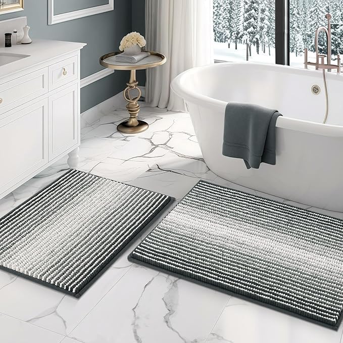 BSICPRO Bathroom Rugs Sets 2 Piece, Non Slip Striped Bath Mats, Fog Blue