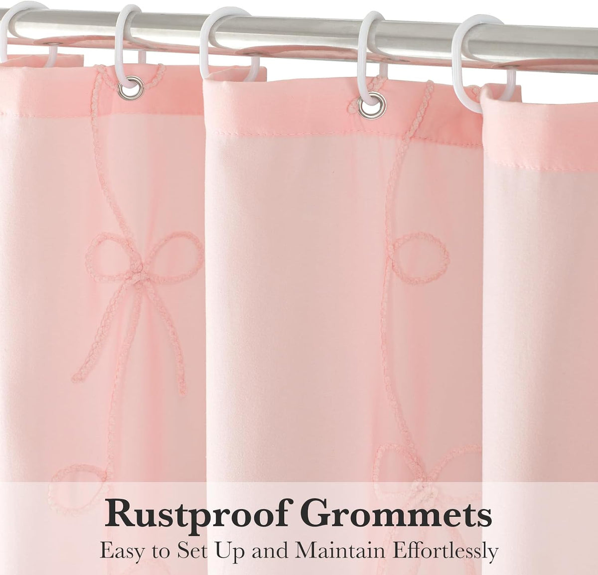 Seasonwood Pink Bow Shower Curtain with Cording Bow Embroidery 72x72 Inches