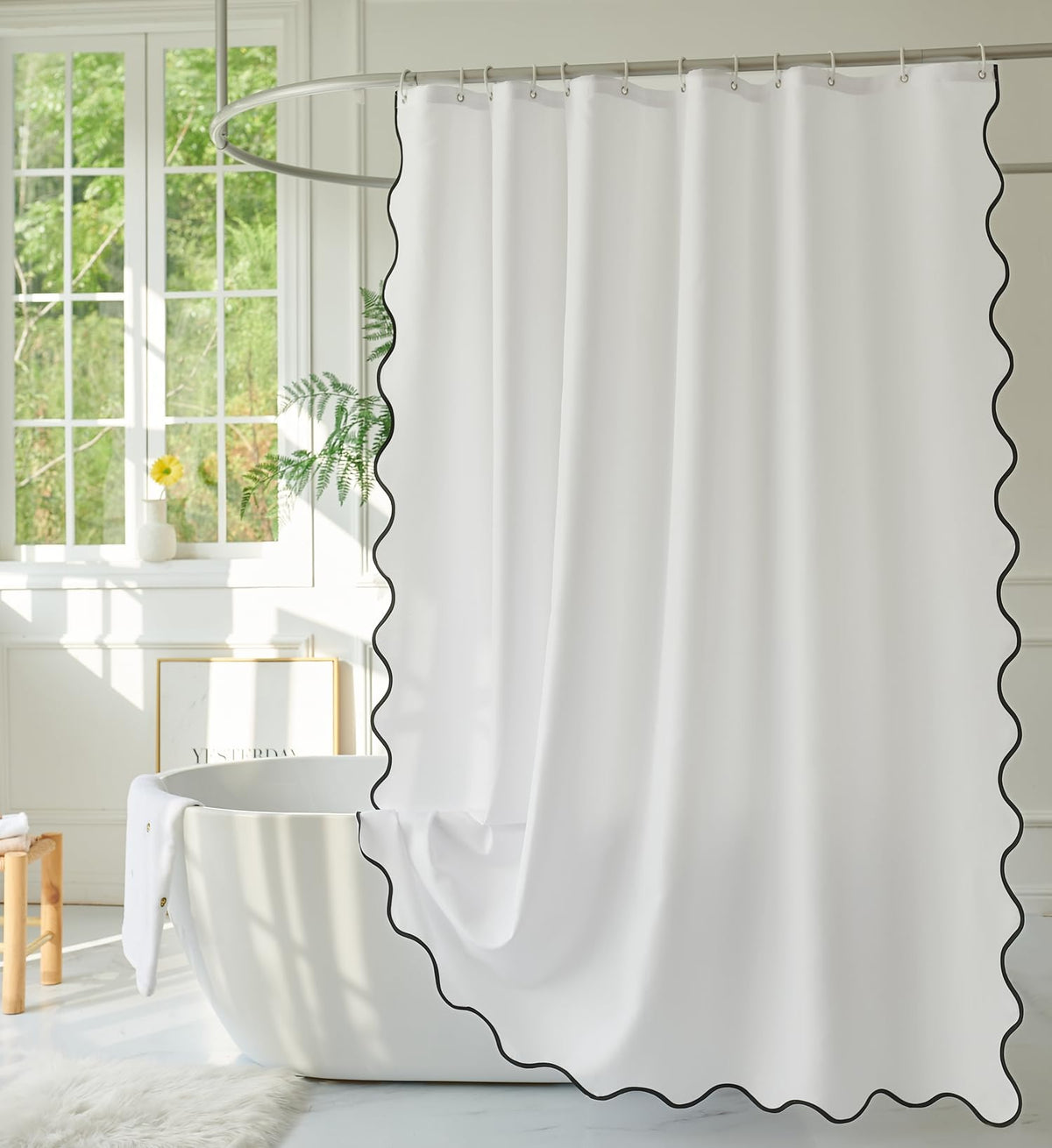 White Fabric with Water Blue Scalloped Border Shower Curtain,Boho Chic Cloth Shower Curtain for Bathroom Showers,72 x 72 Inches