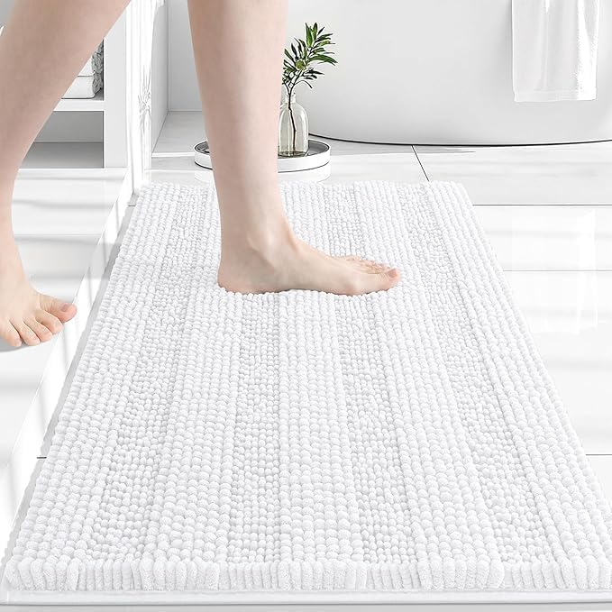 Grandaily Chenille Striped Bathroom Rugs 36x24, Extra Thick and Absorbent Bath Mats, Non-Slip Soft Plush Shaggy Shower Carpet, Machine Wash Dry, Bath Rug for Bathroom, (Large, Light Grey)