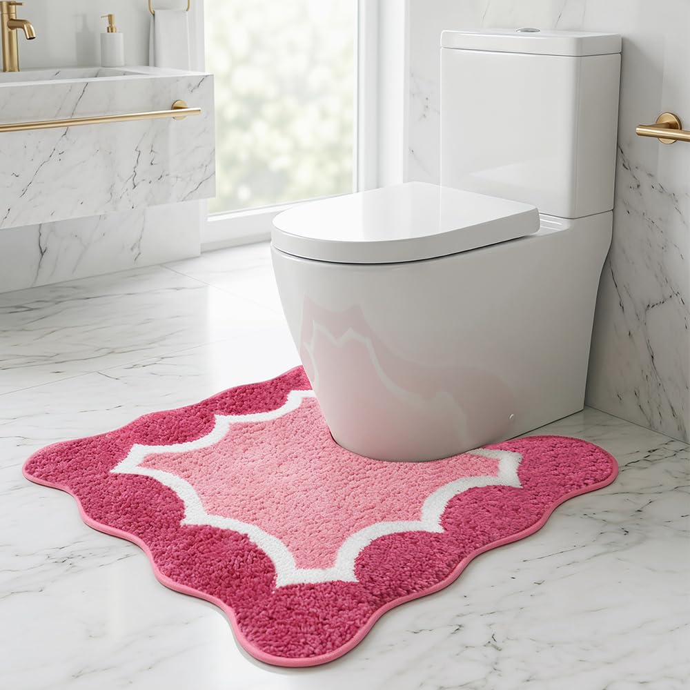 Cute Scalloped Rose Pink Bathroom Rugs Mat,Non Slip Absorbent Quick Dry Bath Mats for Shower Room,Microfiber Bath Mats for Bathroom Floor Washable Carpet for Shower Tub Sink Bedroom,20"x32"