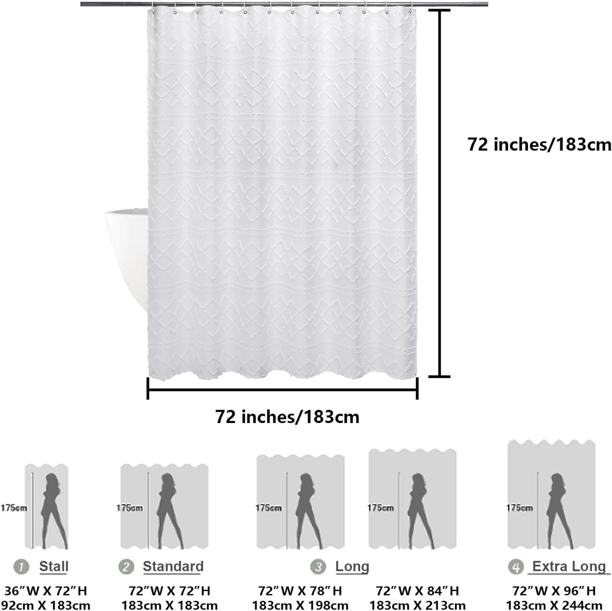 Lecloud White Fabric Shower Curtain 72x72 Inches, Boho Tufted Plaid Striped Shower Curtain Set for Bathroom, Chic Textured Cloth Shower Curtain