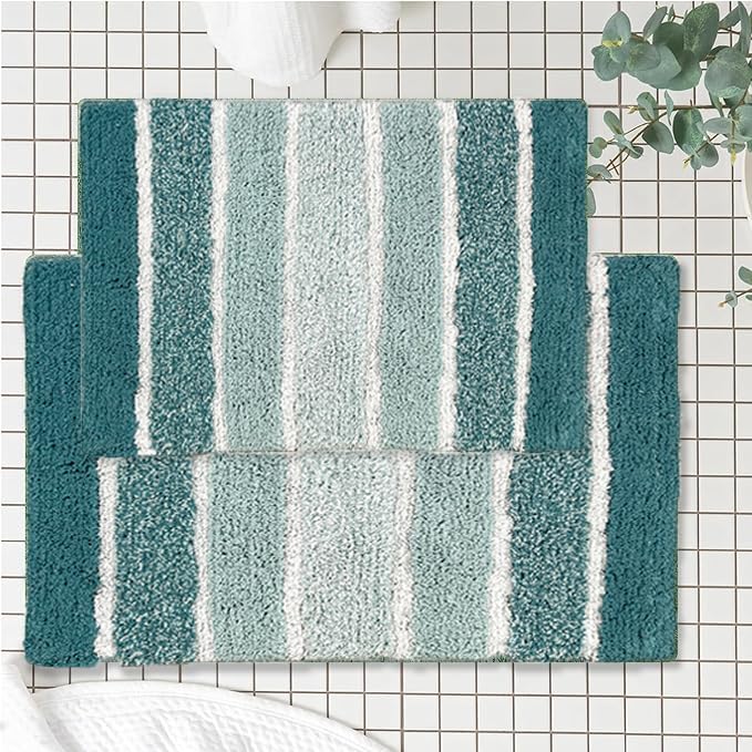 Chardin home Cordural Stripes Bath Mat, Set of 2 Bath Rugs (17 Inches x24 Inches & 21 Inches x34 Inches) | Non Slip Bathroom Rug, Machine Washable, Plush, Highly Absorbent | Bluish Gray- Beige