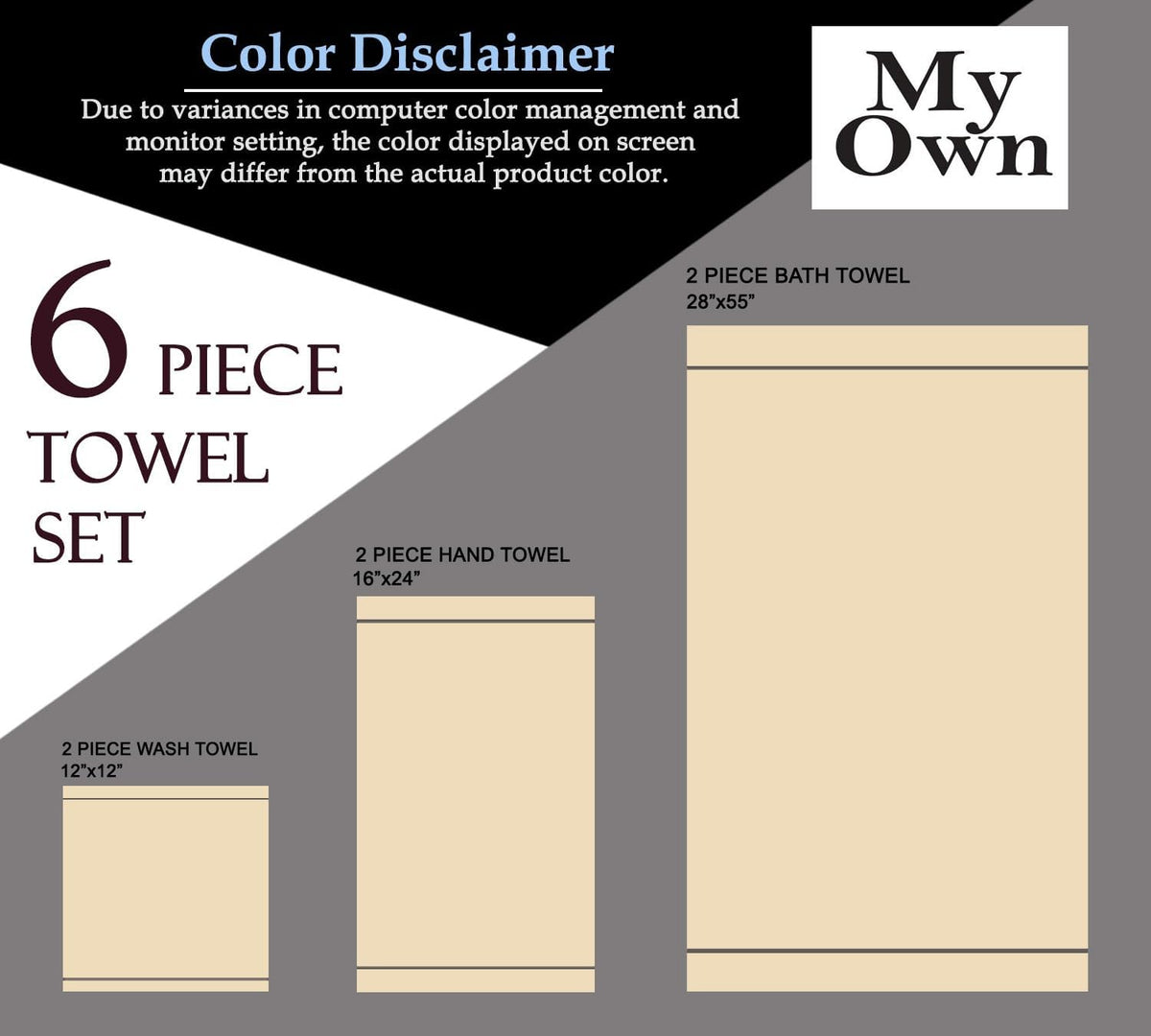 MyOwn Premium Cotton 6 Pack Towel Set for Bathroom, Contains 2 Bath Towels 28x55 inch, 2 Hand Towels 16x24 inch & 2 Wash Coths 12x12 inch, Ideal Everyday use, Compact & Lightweight - Black