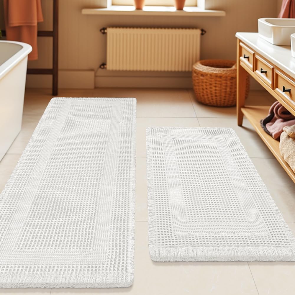 Upgrade Waffle Bath Mat Set 2 Piece, Boho Bathroom Rugs Absorbent Non Slip, Ultra Soft Bathroom Mat, Machine Washable Knit Bath Rugs with Herringbones for Bathroom, Bedroom, Kitchen, Shower, White