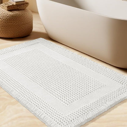 Upgrade Waffle Bath Mat Set 2 Piece, Boho Bathroom Rugs Absorbent Non Slip, Ultra Soft Bathroom Mat, Machine Washable Knit Bath Rugs with Herringbones for Bathroom, Bedroom, Kitchen, Shower, White