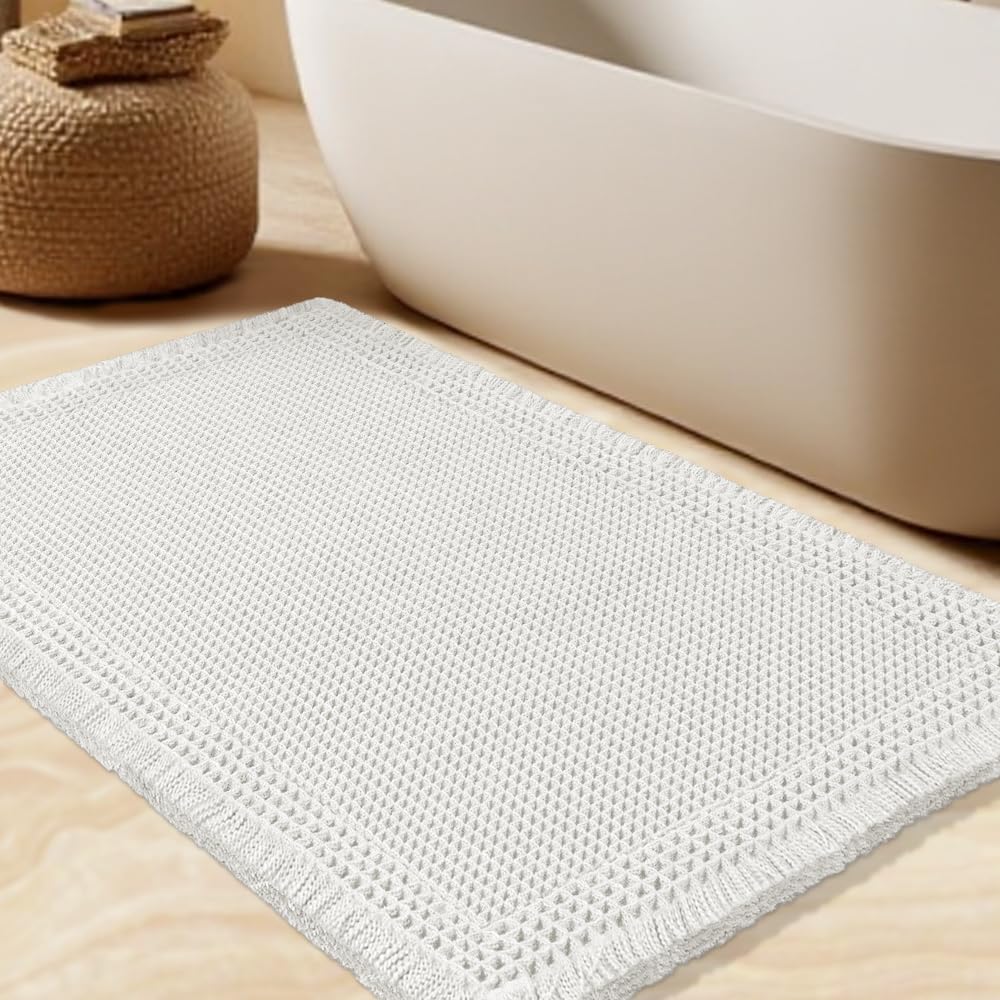 Upgrade Waffle Bath Mat Set 2 Piece, Boho Bathroom Rugs Absorbent Non Slip, Ultra Soft Bathroom Mat, Machine Washable Knit Bath Rugs with Herringbones for Bathroom, Bedroom, Kitchen, Shower, White