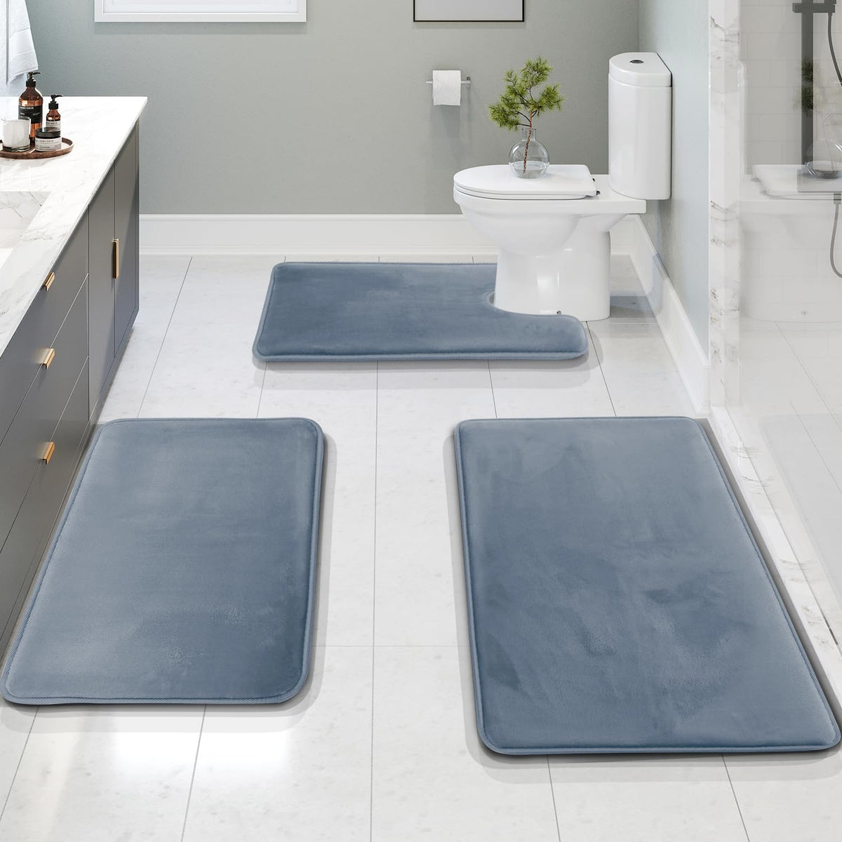 Clara Clark 3 Piece Bathroom Rugs Bath Mat Set, Velvet Memory Foam Bath Mats for Bathroom - Non-Slip, PVC Backing Bath Rugs, Washable - Dries Quickly, Green