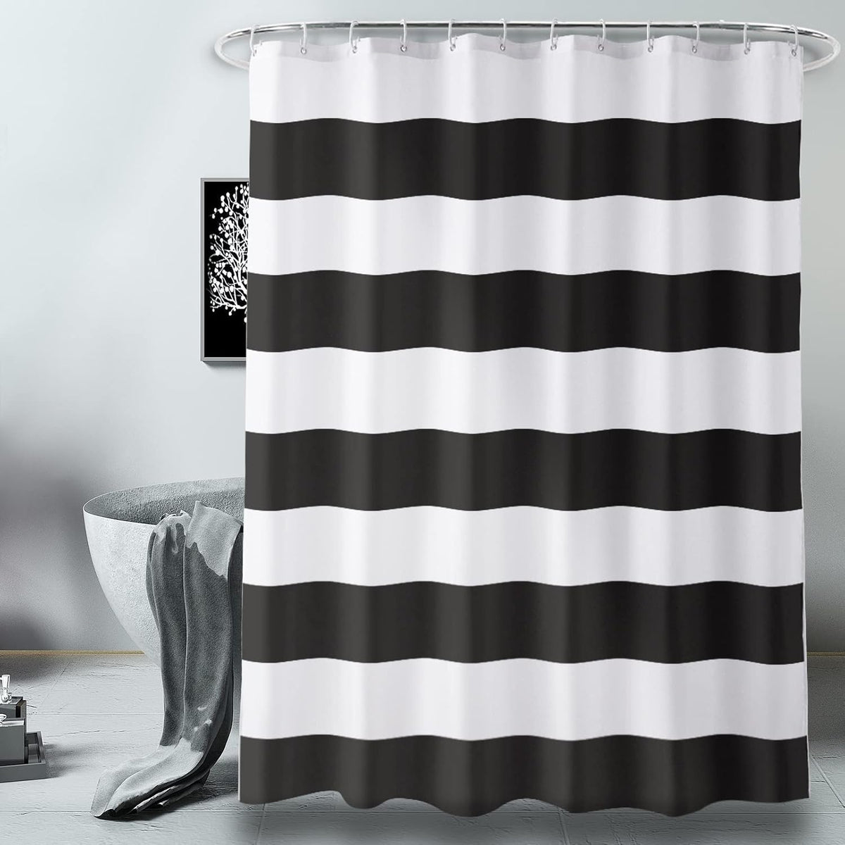 AmazerBath Black and White Shower Curtain Cloth, Striped Shower Curtain Fabric with 2 Heavy Stones, 72" W x 72" H