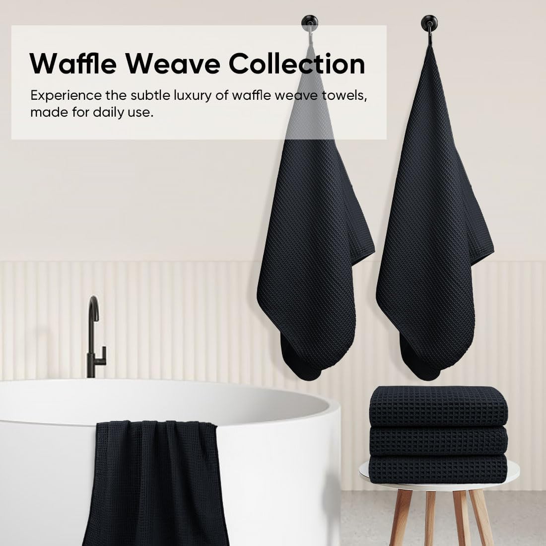 HOMEXCEL Black Waffle Bath Towels Set of 4 Pack, Waffle Towels for Bathroom