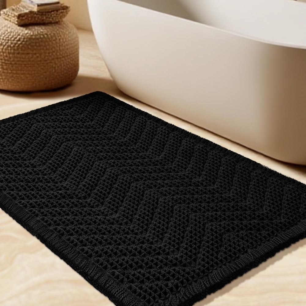 Upgrade Waffle Bath Mat Set 2 Piece, Boho Bathroom Rugs Absorbent Non Slip, Ultra Soft Bathroom Mat, Machine Washable Knit Bath Rugs with Herringbones for Bathroom, Bedroom, Kitchen, Shower, White