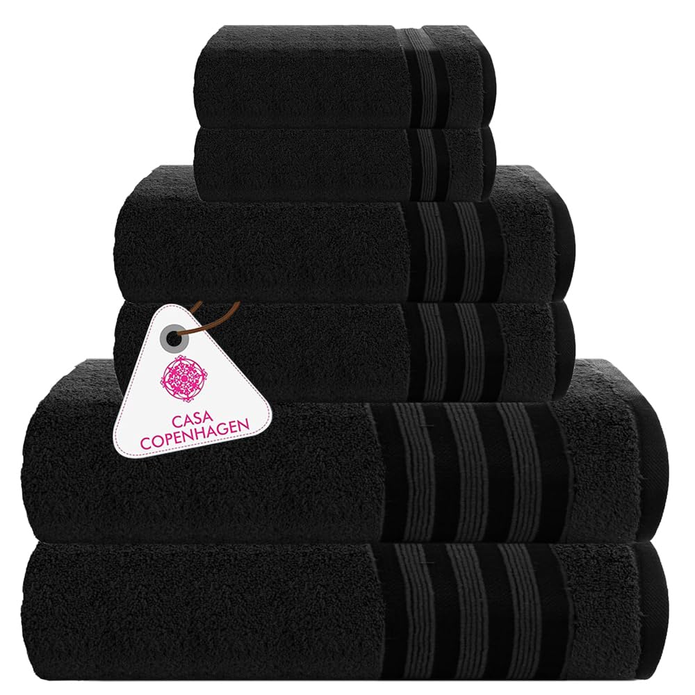 CASA COPENHAGEN Solitaire 6 Pieces Towel Set- Midnight Black, 600 GSM 2 Bath Towel 2 Hand Towel 2 Washcloth, Designed in Denmark Made of Soft Egyptian Cotton for Bathroom, Kitchen & Shower