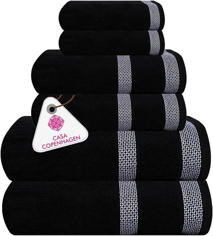 CASA COPENHAGEN Solitaire 6 Pieces Towel Set- Midnight Black, 600 GSM 2 Bath Towel 2 Hand Towel 2 Washcloth, Designed in Denmark Made of Soft Egyptian Cotton for Bathroom, Kitchen & Shower