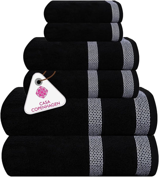 CASA COPENHAGEN Solitaire 6 Pieces Towel Set- Midnight Black, 600 GSM 2 Bath Towel 2 Hand Towel 2 Washcloth, Designed in Denmark Made of Soft Egyptian Cotton for Bathroom, Kitchen & Shower
