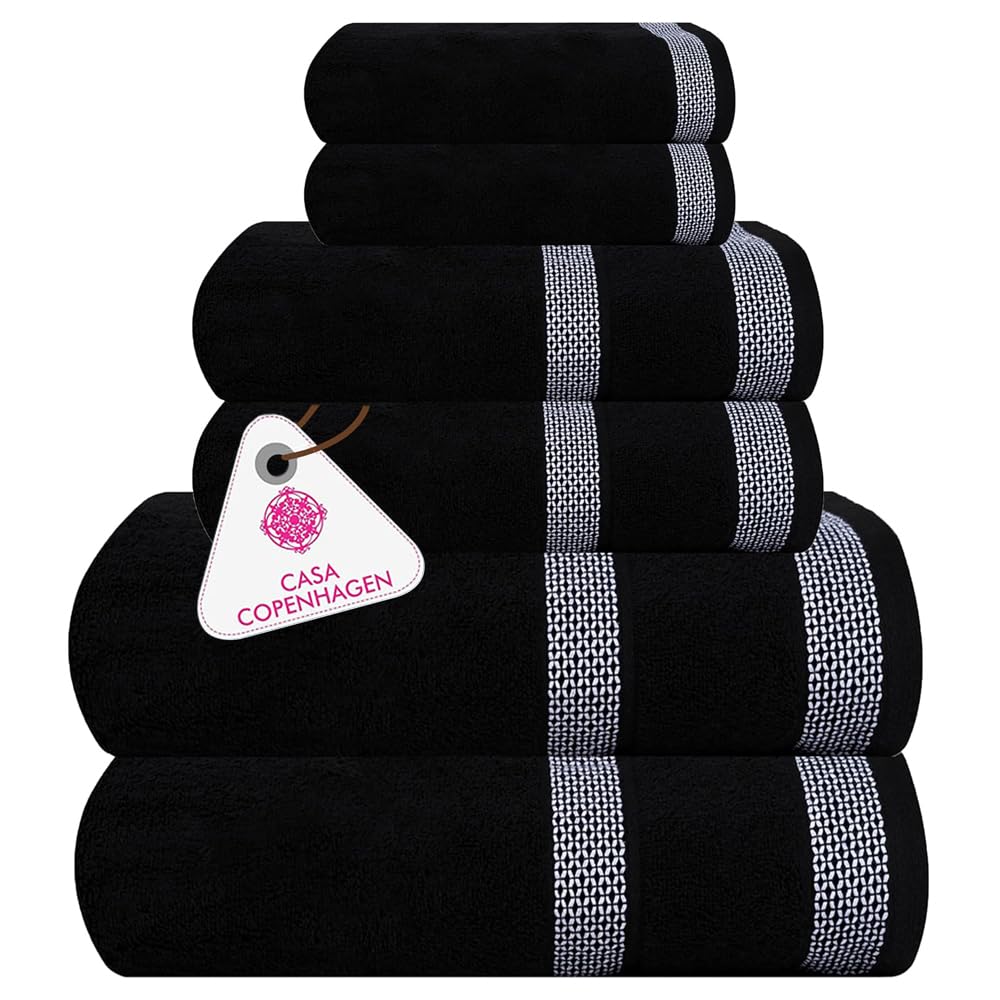 CASA COPENHAGEN Solitaire 6 Pieces Towel Set- Midnight Black, 600 GSM 2 Bath Towel 2 Hand Towel 2 Washcloth, Designed in Denmark Made of Soft Egyptian Cotton for Bathroom, Kitchen & Shower