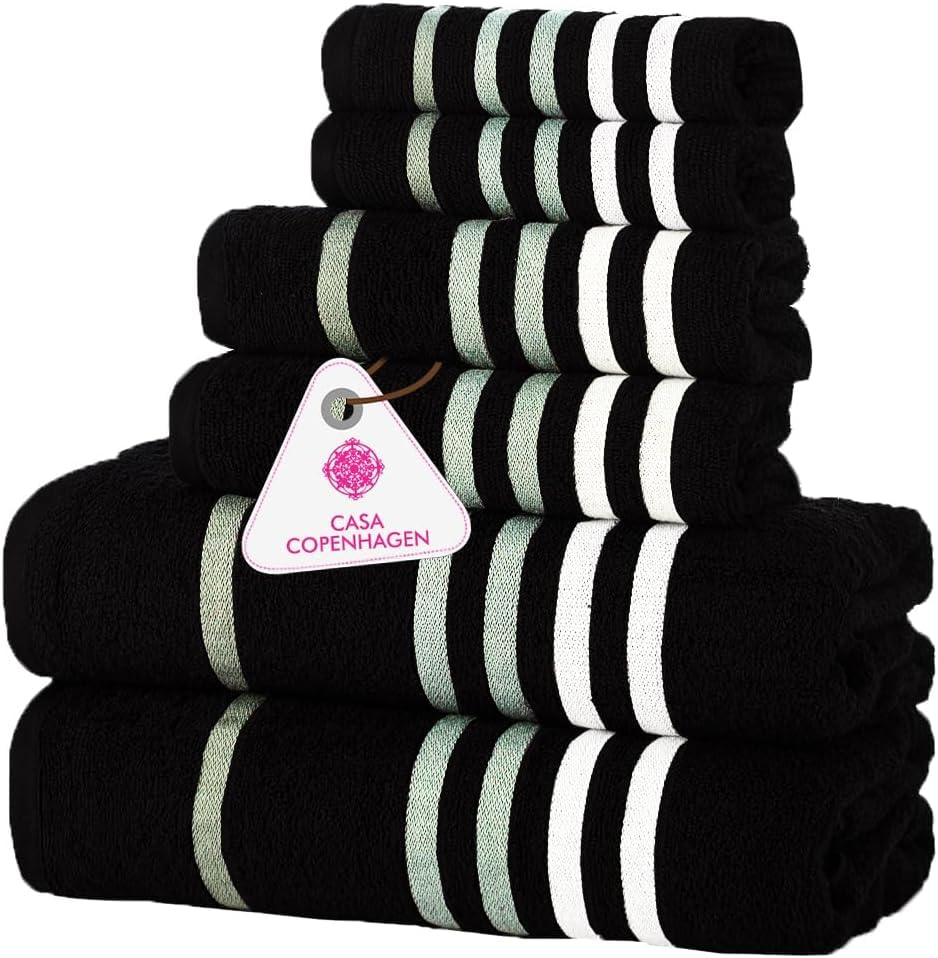 CASA COPENHAGEN Solitaire 6 Pieces Towel Set- Midnight Black, 600 GSM 2 Bath Towel 2 Hand Towel 2 Washcloth, Designed in Denmark Made of Soft Egyptian Cotton for Bathroom, Kitchen & Shower