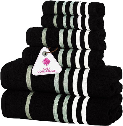 CASA COPENHAGEN Solitaire 6 Pieces Towel Set- Midnight Black, 600 GSM 2 Bath Towel 2 Hand Towel 2 Washcloth, Designed in Denmark Made of Soft Egyptian Cotton for Bathroom, Kitchen & Shower