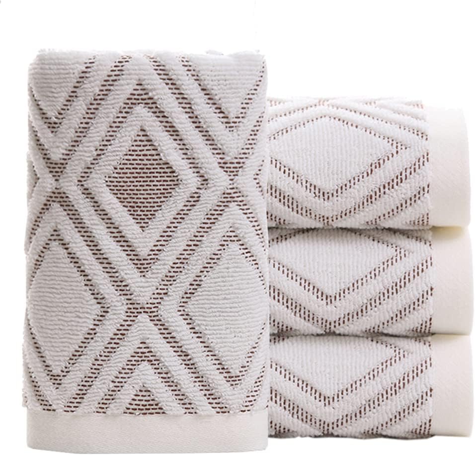 Pidada Hand Towels Set of 4 Diamond Pattern 100% Cotton Absorbent Soft Decorative Towel for Bathroom (Beige Brown)