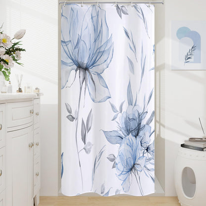 Blue Boho Floral Shower Curtain, Watercolor Botanical Design, 72 x 72
