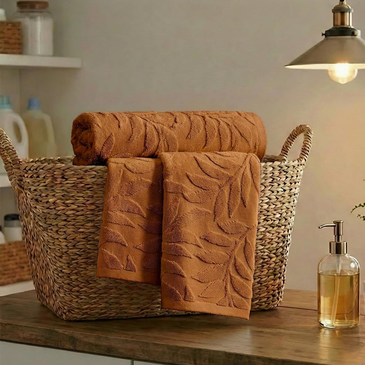 Artoid Mode 2 Pcs Caramel 3D Leaves Jacquard Hand Towels for Bathroom, 100% Cotton Soft Absorbent Bathroom Decor Towels, 13.7 x 29.5 Inch