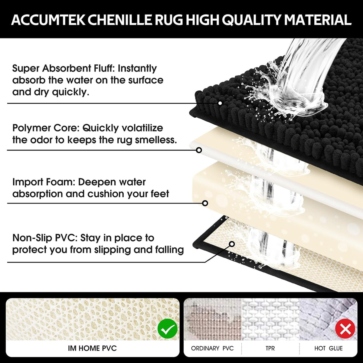ACCUMTEK Upgrade Extra Large Black Bathroom Rug Set 3 Pieces Ultra Soft, Thick Absorbent Bath Mats, Non Slip Chenille Toilet Mat for Bathroom, Bedroom, Kitchen