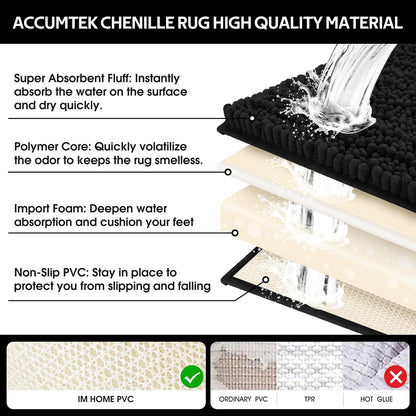 ACCUMTEK Upgrade Extra Large Black Bathroom Rug Set 3 Pieces Ultra Soft, Thick Absorbent Bath Mats, Non Slip Chenille Toilet Mat for Bathroom, Bedroom, Kitchen