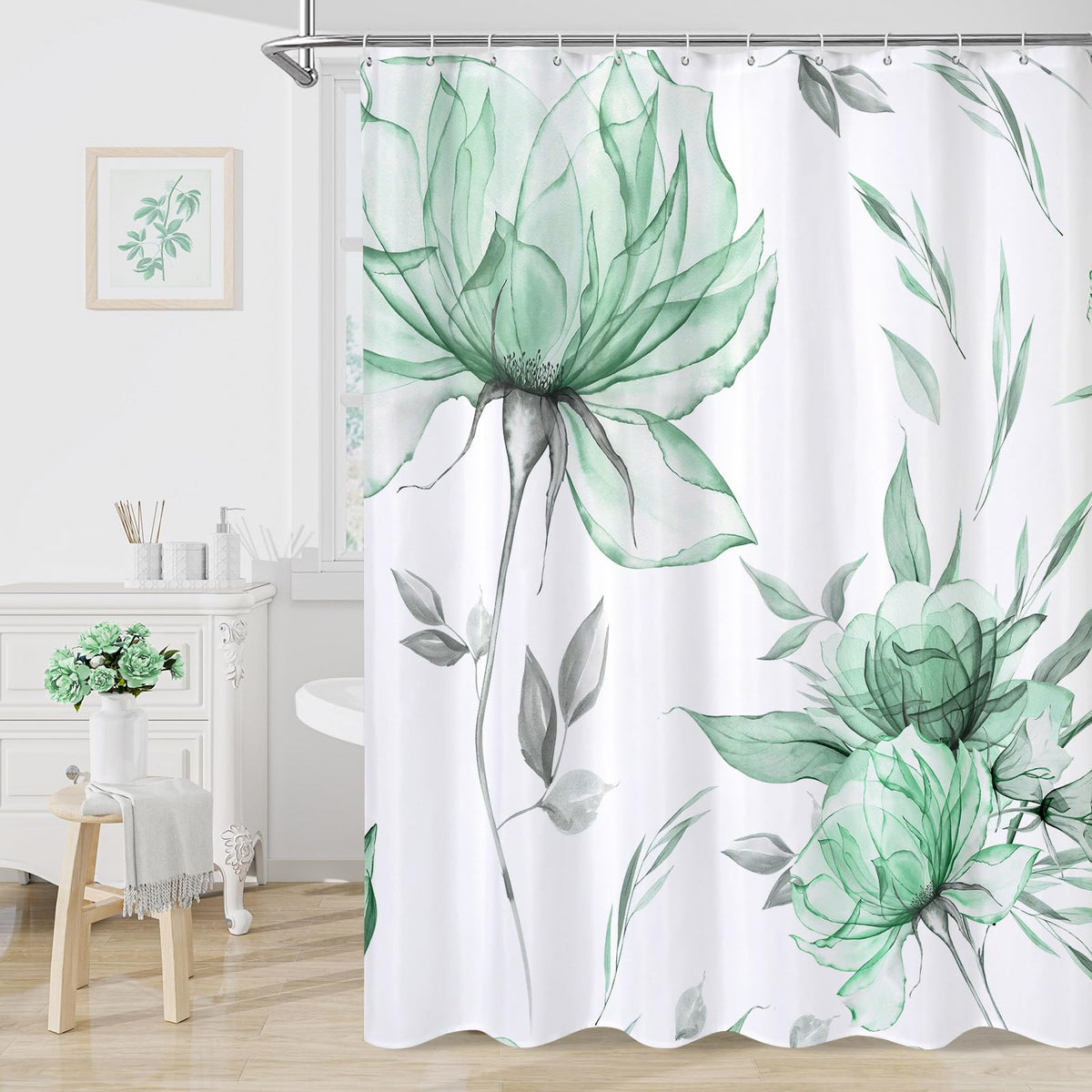 Blue Boho Floral Shower Curtain, Watercolor Botanical Design, 72 x 72