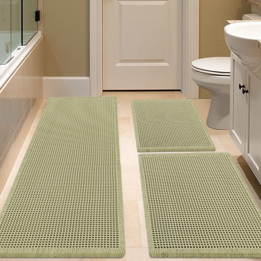 IM HOME Waffle Bath Mat Beige 32"x20", Boho Woven Modern Bath Mat Rugs, Absorbent Non Slip Bathroom Rugs, Soft Washable Bath Rugs with Tassels for Bathroom, Bedroom, Kitchen, Shower, Tub