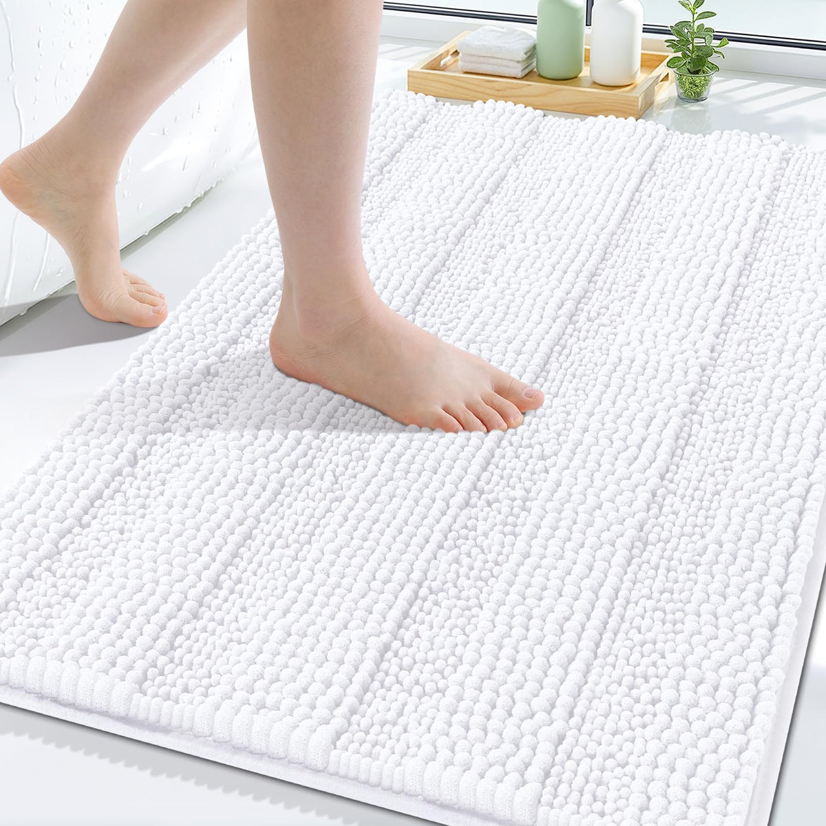 Grandaily Chenille Striped Bathroom Rugs 36x24, Extra Thick and Absorbent Bath Mats, Non-Slip Soft Plush Shaggy Shower Carpet, Machine Wash Dry, Bath Rug for Bathroom, (Large, Light Grey)