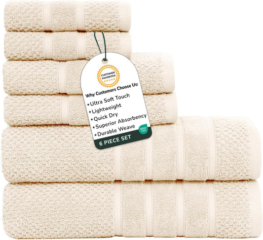 Feather & Stitch 100% Cotton 625 GSM Bath Towel Set of 6, Ultra Soft Highly Absorbent 2 Bath Towels, 2 Hand Towels & 2 Washcloth - Luxury Quick Dry Shower Towels (Ivory)