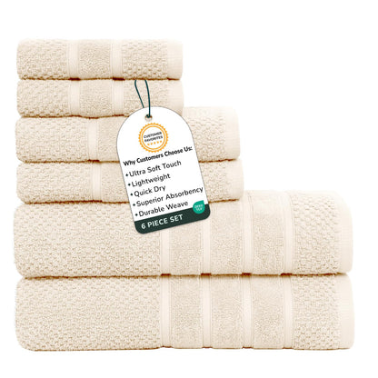 Feather & Stitch 100% Cotton 625 GSM Bath Towel Set of 6, Ultra Soft Highly Absorbent 2 Bath Towels, 2 Hand Towels & 2 Washcloth - Luxury Quick Dry Shower Towels (Ivory)