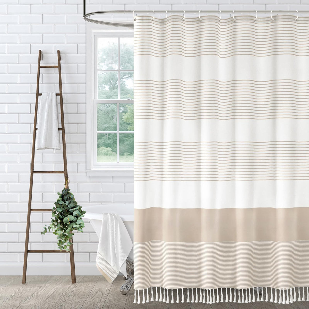 Sage Green Boho Cotton Striped Shower Curtain with Tassel 72"W X 72"L