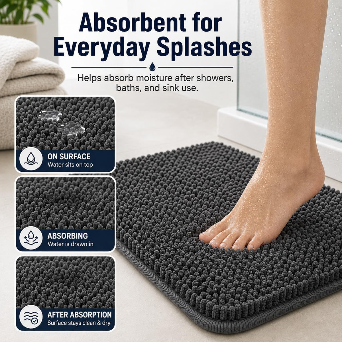 Bathroom Rugs Set Non Slip 3 Piece Bath Mat Washable Chenille Bath Rugs with PVC Backing Bath Carpet,Absorbent Bathroom Mats with Toilet Rug,Bath Mats for Bathroom,Bedroom, Kitchen,Tub,Home Decor