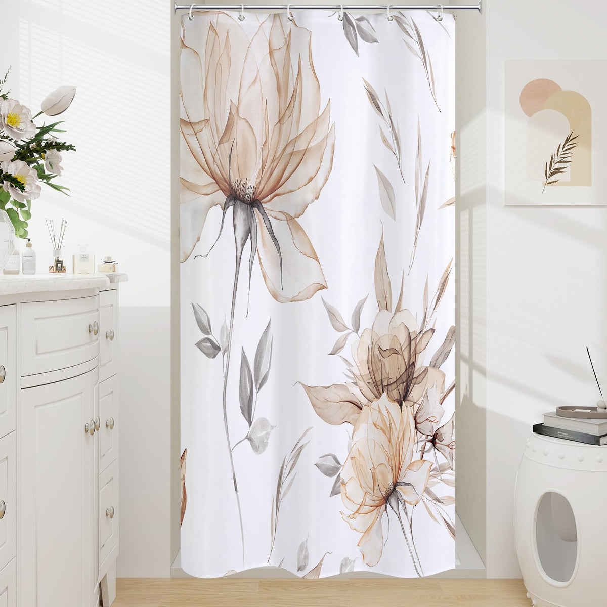 Blue Boho Floral Shower Curtain, Watercolor Botanical Design, 72 x 72