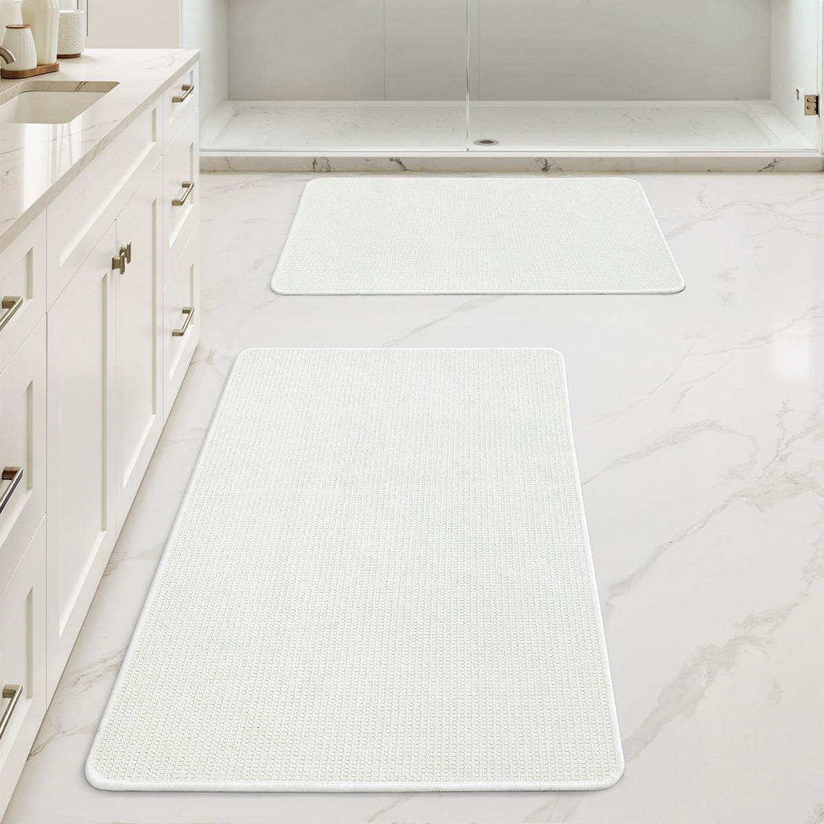 MIULEE Bathroom Rugs Set 2 Pieces, Thin Bath Mats Beige 17"x27"+20"x32"