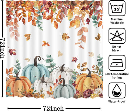 MEHOFOND Autumn Pumpkin Shower Curtain Maple Leaves Floral Bath Curtain